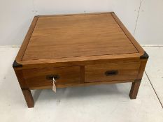A reproduction military style square brass mounted mahogany four drawer coffee table, 90cm, height