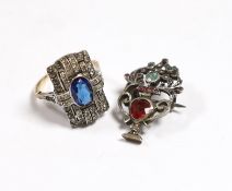 A 1920's? yellow and white metal, two colour paste cluster set dress ring and a similar white