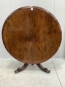 A Victorian circular tilt top rosewood breakfast table, diameter 130cm, height 75cm