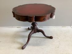 A Victorian style circular mahogany tripod centre table, with leather inset top, diameter 79cm,