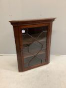 A George III glazed mahogany corner cupboard, width 72cm, depth 40cm, height 88cm