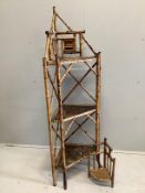 A late Victorian lacquered bamboo corner whatnot, width 61cm, depth 34cm, height 164cm together with