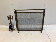 A spark guard, minimum width 90cm, depth 18cm, height 80cm and fire irons in antique distressed