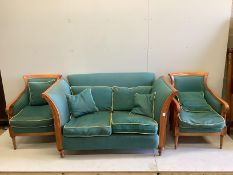 A Derwent Furniture Empire style caned mahogany three piece suite, settee width 167cm, depth 93cm,