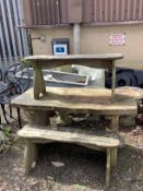 A rustic style rectangular elm garden table, width 122cm, depth 54cm, height 68cm together with a