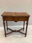 A Louis XVI style gilt metal mounted and marquetry inlaid folding card table, width 77cm, depth