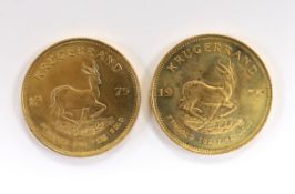 Gold coins, South Africa, two gold 1oz. Krugerrands, 1975, near UNC (2oz.)