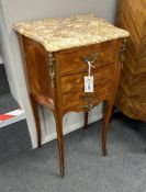 A pair Louis XV style inlaid marble topped three drawer bedside chests, width 40cm, depth 30cm,