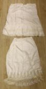 Two 1910-1920 cream silk and lace ladies floor length petticoats, one with a deep border of
