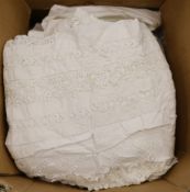A quantity of embroidered crochet edged table cloths, runners, damask towels and napkins, and a
