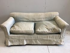 A late Victorian mahogany square leg sofa by C. Hindley and Sons, castors stamped, width 162cm,