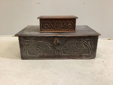 An 18th century oak bible box, width 68cm, depth 39cm, height 22cm, together with a Victorian carved