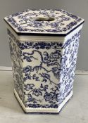 A Victorian Wedgwood hexagonal blue and white 'Swallow' pattern conservatory seat, width 34cm, hight