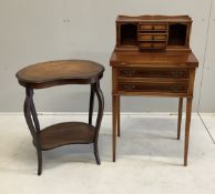 A reproduction yew bonheur du jour, width 54cm, depth 38cm, height 100cm, together with an Edwardian