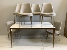 A Contemporary 'West Elm' furniture gilt metal and melamine dining table, width 152cm, depth 91cm,