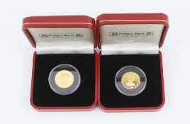 Gold coins - Two Pobjoy mint Isle of Man proof gold 1/5 crown coins, each 6.22g, 999.9/1000 purity
