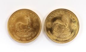 Gold coins, South Africa, two gold 1oz. Krugerrands, 1975, near UNC (2oz.)