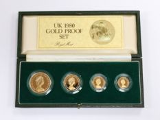 British gold coins - A Royal Mint UK QEII Gold Proof Set, 1980, comprising £5, £2, sovereign and