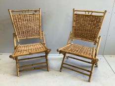 A pair of bamboo and woven seagrass folding chairs, width 59cm, depth 54cm, height 98cm
