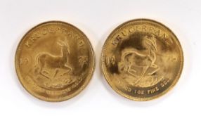 Gold coins, South Africa, two gold 1oz. Krugerrands, 1975, near UNC (2oz.)