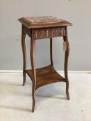 An early 20th century French marble topped beech two tier table, width 33cm, height 76cm
