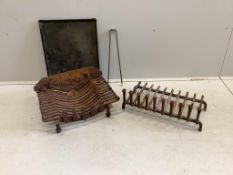 Two wrought iron fire grates, an ash pan and a pair of tongs, larger width 51cm, depth 39cm