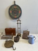 A late Victorian brass mounted mahogany coal scuttle, a large faux iron model of a padlock, a thread