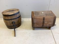 Two Victorian iron bound butter churns, larger height 44cm