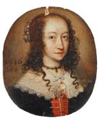 English School circa 1646 Portrait miniature of a noblewomanoil on cardwith curled hair and a