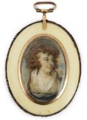 Y John Bogle (British, 1746-1803) Portrait miniature of a ladyoil on ivorywith brown hair, wearing