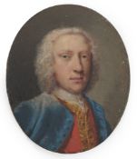 English School circa 1750 Portrait miniature of a gentlemanoil on copperwearing a blue coat, red