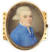 Y John Bogle (British, 1746-1803) Portrait miniature of a gentlemanoil on ivorywearing a blue coat