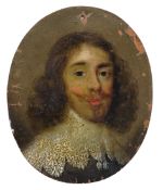 English School circa 1650 Portrait miniature of a noblemanoil on copperwith curled brown locks,