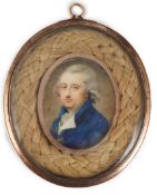 Y John Bogle (British, 1746-1803) Portrait miniature of a gentlemanoil on ivorywearing a blue coat