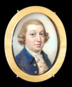 English School circa 1790 Portrait miniature of a gentleman wearing a blue coatwatercolour on