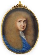 Y English School circa 1720 Portrait miniature of a gentlemanoil on ivorywearing a blue cloak,