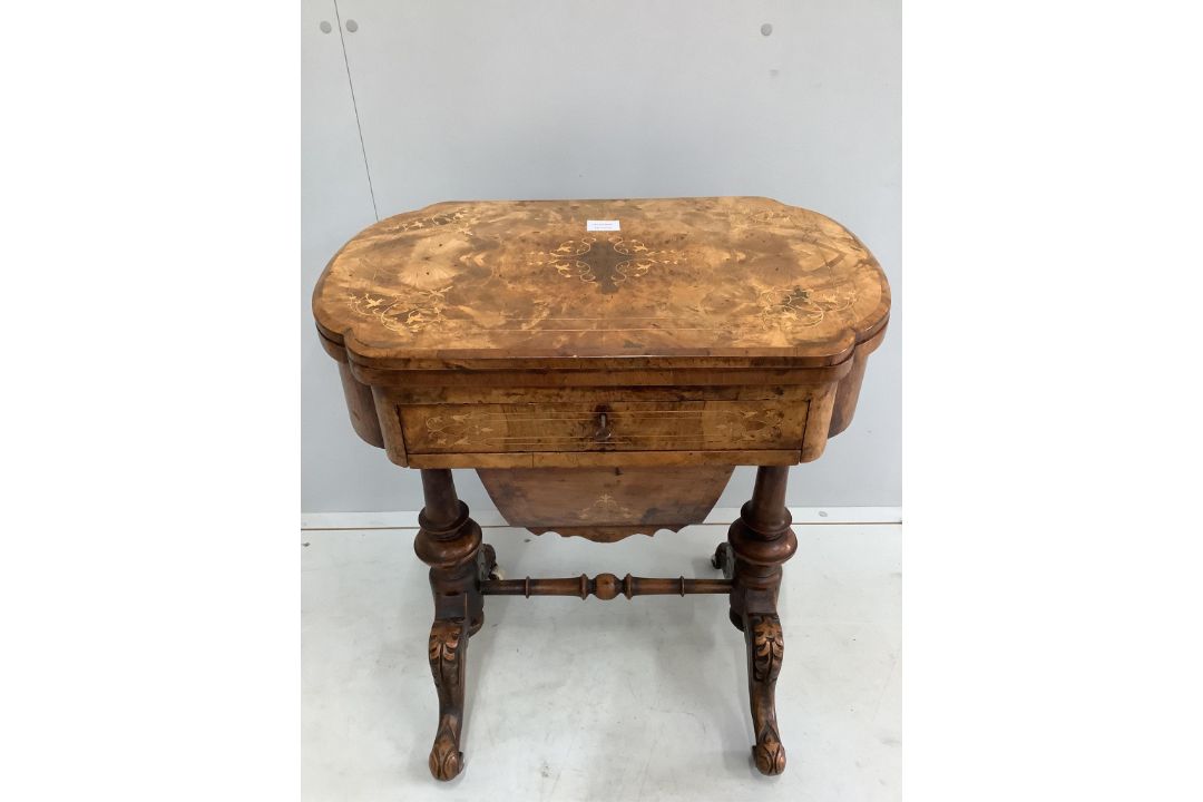 A Victorian marquetry inlaid walnut games / work table, width 61cm, depth 40cm, height 73cm - Image 1 of 3