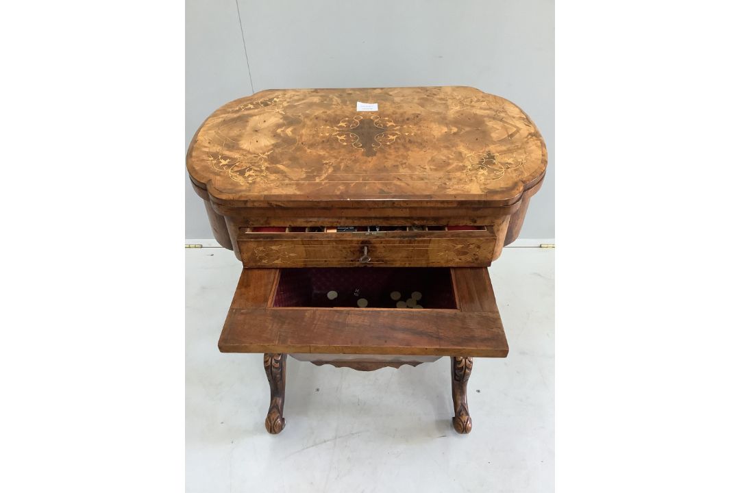 A Victorian marquetry inlaid walnut games / work table, width 61cm, depth 40cm, height 73cm - Image 2 of 3