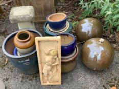 Twelve assorted garden planters, a reconstituted staddle stone, wall plaque and a pair of ball