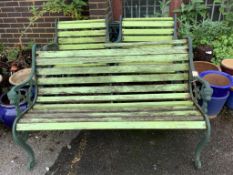 A Victorian style painted aluminium slatted wood three piece garden suite, bench width 128cm,