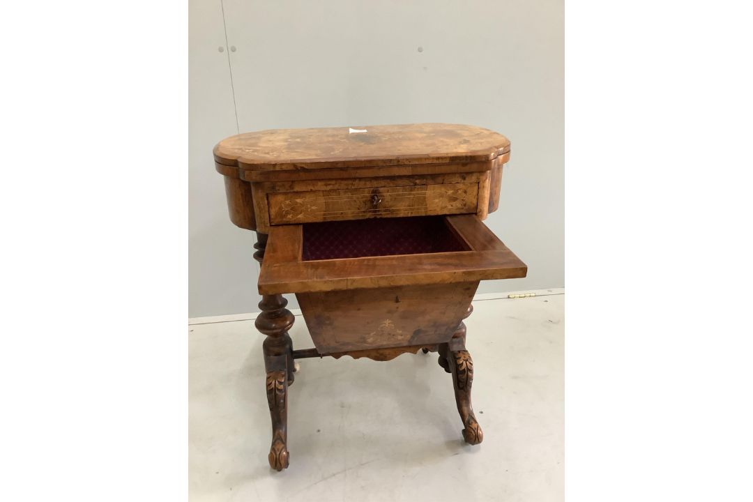 A Victorian marquetry inlaid walnut games / work table, width 61cm, depth 40cm, height 73cm - Image 3 of 3