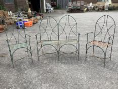 A painted wrought iron Gothic style three piece garden suite, bench width 109cm, depth 44cm,