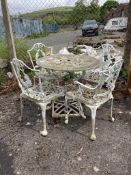 A circular Victorian style painted aluminium garden table, diameter 80cm, height 69cm, together with