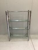 A contemporary chrome and glass three tier shelf unit, width 99cm, depth 38cm, height 147cm***