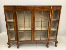 A Queen Anne Revival walnut breakfront display cabinet, width 138cm, depth 36cm, height 114cm***