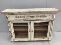 A late 19th century Continental cream painted side cabinet, width 137cm, depth 39cm, height