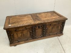 An 18th century style panelled pine coffer, width 146cm, depth 63cm, height 54cm***CONDITION