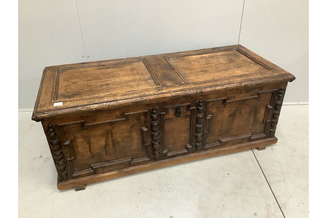 An 18th century style panelled pine coffer, width 146cm, depth 63cm, height 54cm***CONDITION - Image 1 of 3