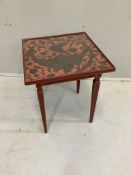 A painted square occasional table with embossed leather panelled top, width 42cm, height 48cm***
