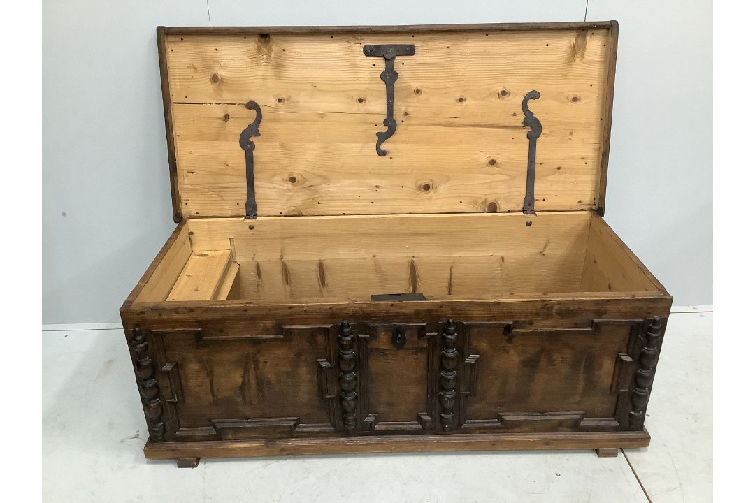 An 18th century style panelled pine coffer, width 146cm, depth 63cm, height 54cm***CONDITION - Image 2 of 3